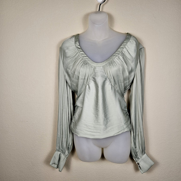Anthropologie Smocked Blouson Sleeve Blouse Sage Green Open Back Satin Party L - Picture 5 of 16